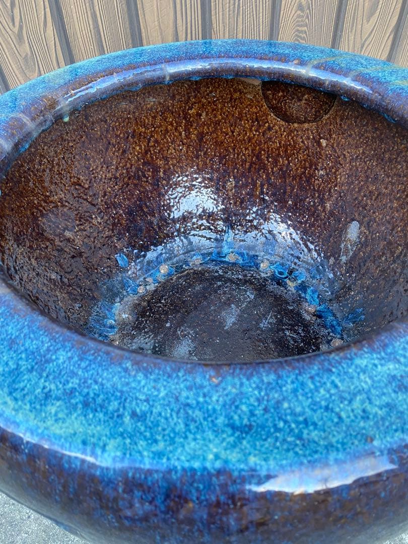 火鉢　陶器　海鼠釉　アンティーク　骨董　金魚鉢　特大　睡蓮鉢　メダカ　鉢カバー