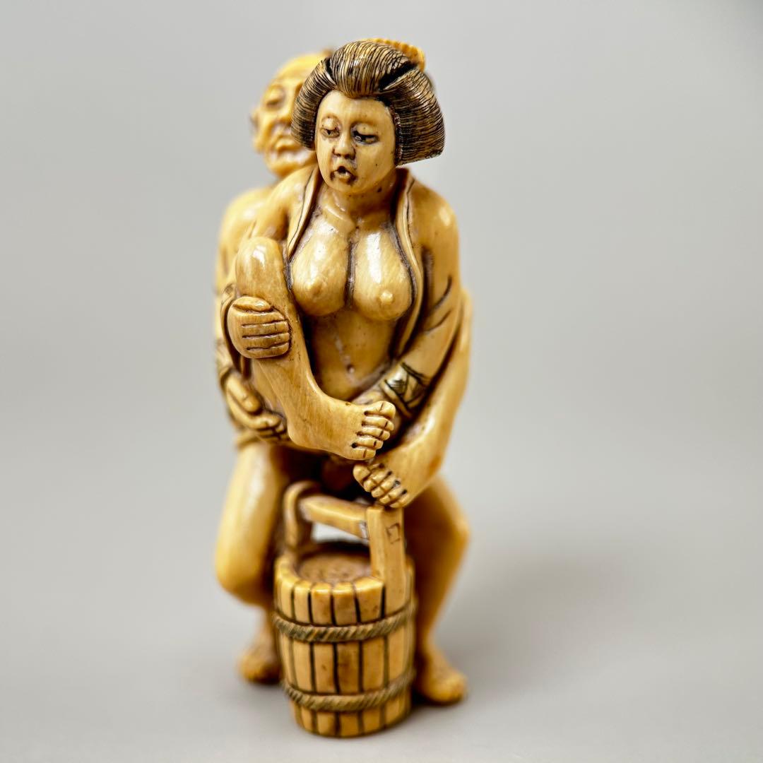 浮世絵二人の人物像 彫刻極上根付天然素材アンティーク骨董飾り物古美術置物細密細工