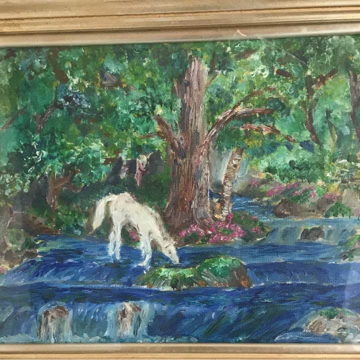 表題孤独感油絵水辺の白馬額外側サイズ50cm×39cmアート