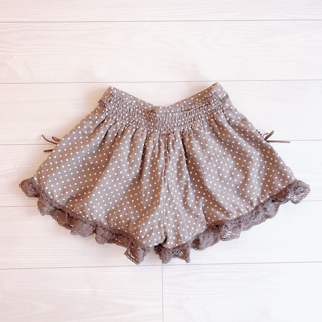 リズリサ ダークブラウン ドット柄 レースフリル キュロット