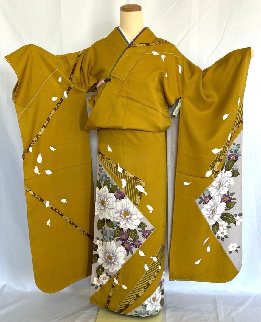 振袖☆成人式【正絹】☆身丈167 ☆黄土色系　★中古