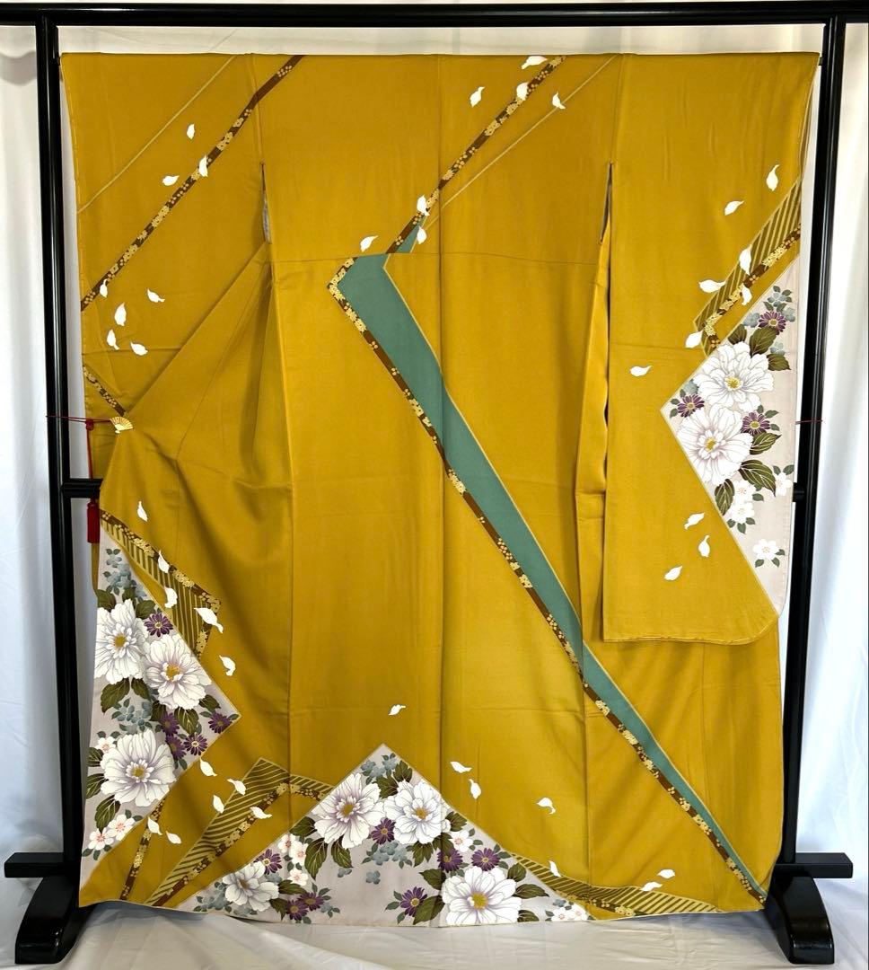 振袖☆成人式【正絹】☆身丈167 ☆黄土色系　★中古