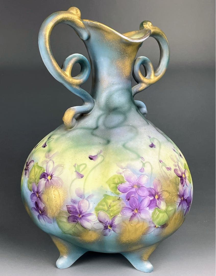 【希少】オールドノリタケ 焼き付け金彩 スミレ紋 花瓶 金釉の霧吹き 金彩ミスト