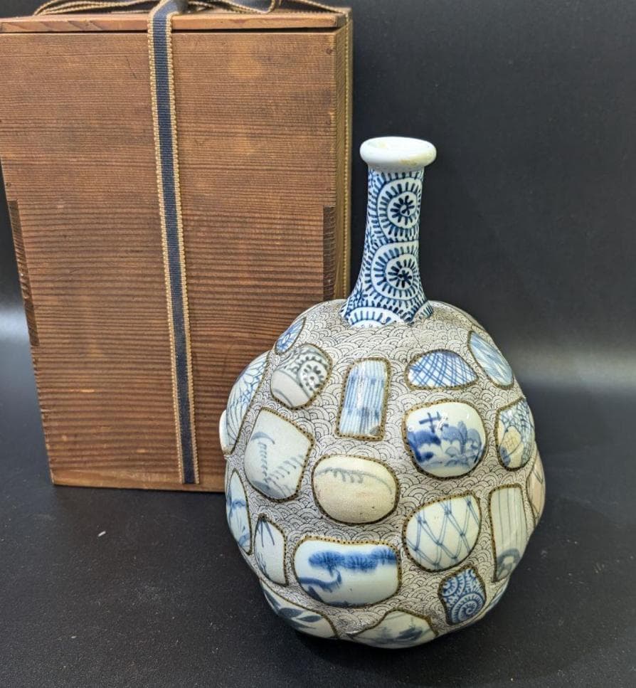 有田焼 古伊万里 古染付 陶片張 蛸唐草文 陶片 大徳利 酒器 花瓶 時代物骨董