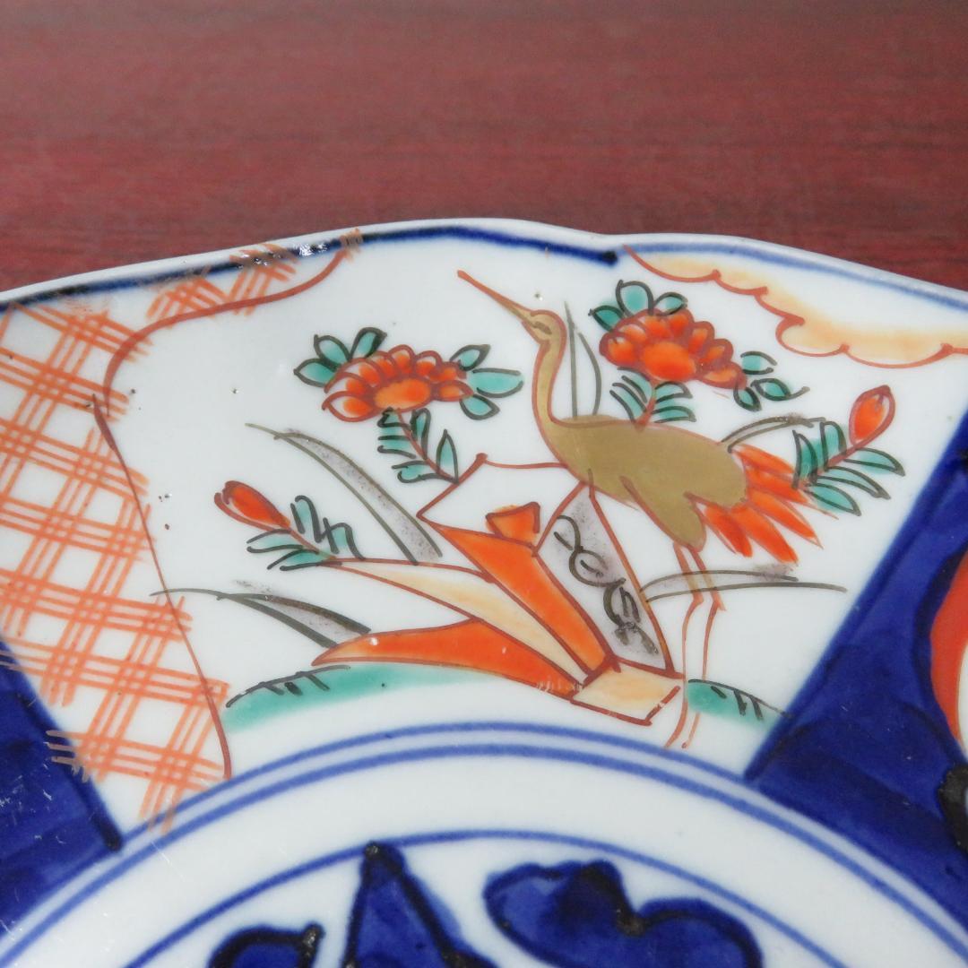 中皿 5枚 色絵付 染付 古伊万里 椿 牡丹 鶴 花文 江戸時代