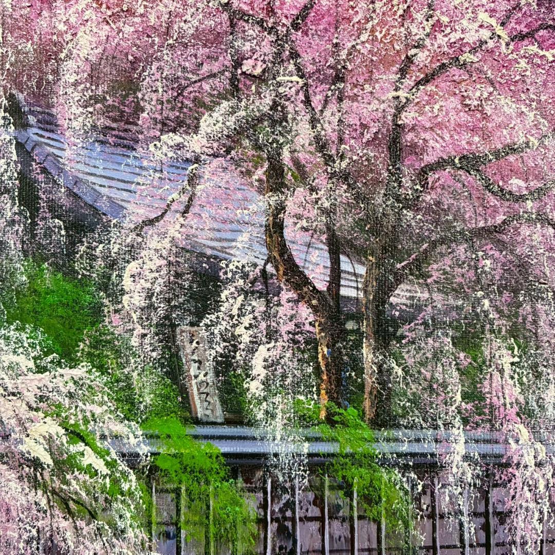 美品 寺井孝「角館の桜」キャンバスに油彩 10号 彩波会 二科展 枝垂れ桜 名品