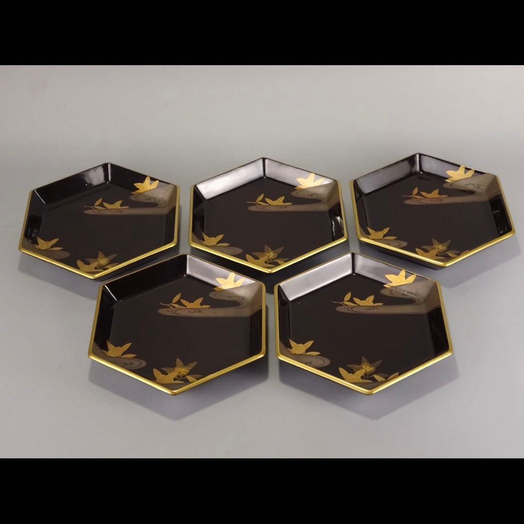 極上　輪島塗　雲に橘　蒔絵　六角　菓子皿　5客　菓子器　銘々皿　切金　木製漆器