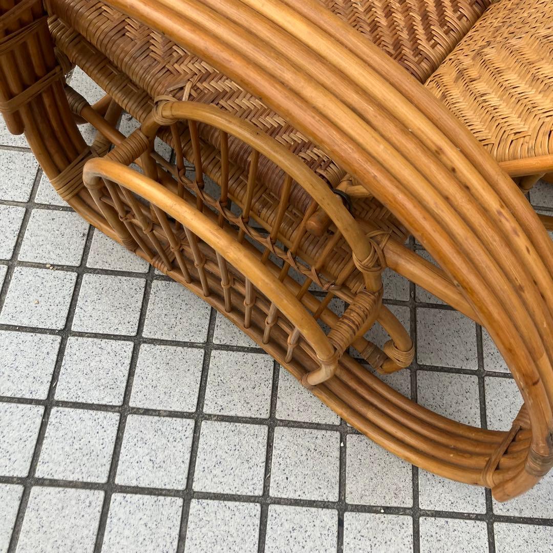 昭和レトロ ラタンリクライニングチェア オットマン付き 籐家具 1人掛けソファー