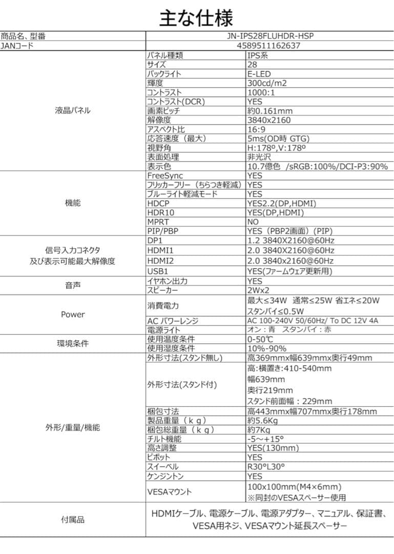JAPANNEXT 28型 IPS 4K液晶モニター