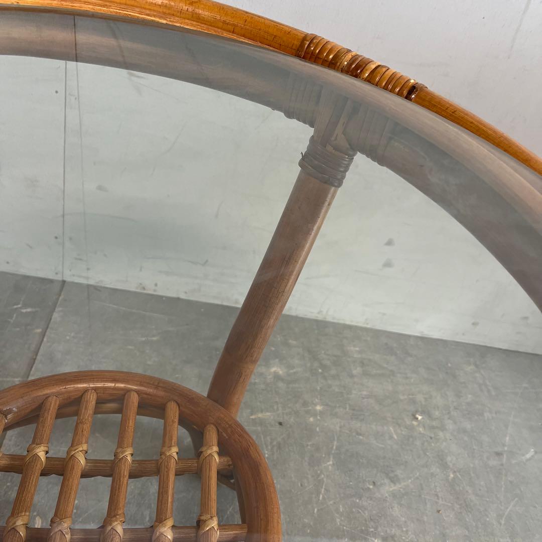 ヴィンテージ ラタン ガラス テーブル ラウンド レトロ 籐