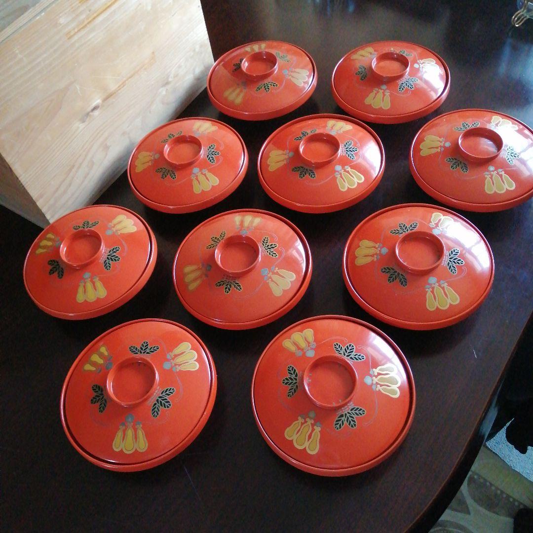 輪島塗　塗朱鰻平　10客　16.8cm　明治～大正期