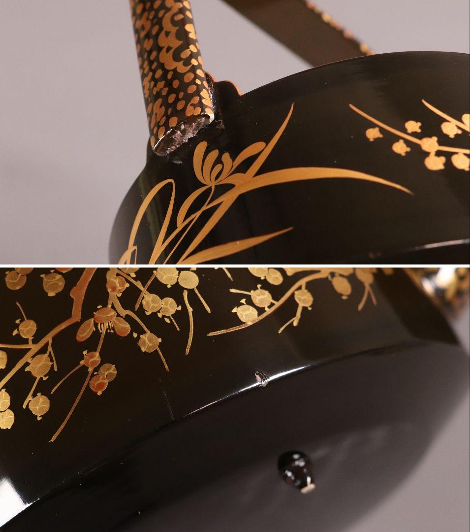 時代 四君子蒔絵 銚子 一対 天然木 草花 金蒔絵 黒塗 木製漆器【MA409】