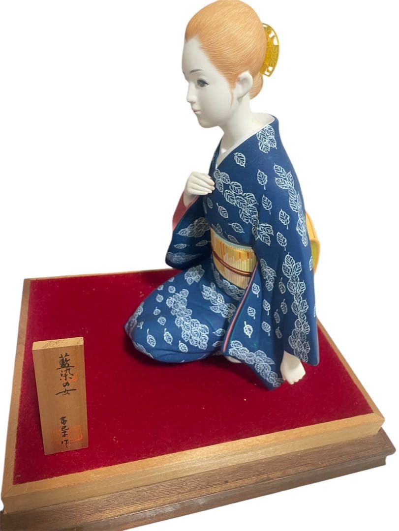 【美品】博多人形 西邑作「藍染の女」ガラスケース・木札付き 伝統工芸品 置物
