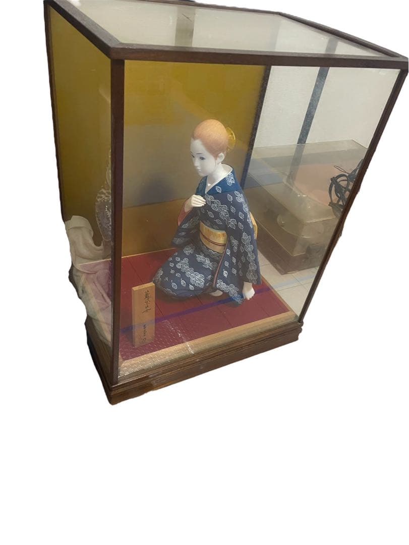 【美品】博多人形 西邑作「藍染の女」ガラスケース・木札付き 伝統工芸品 置物