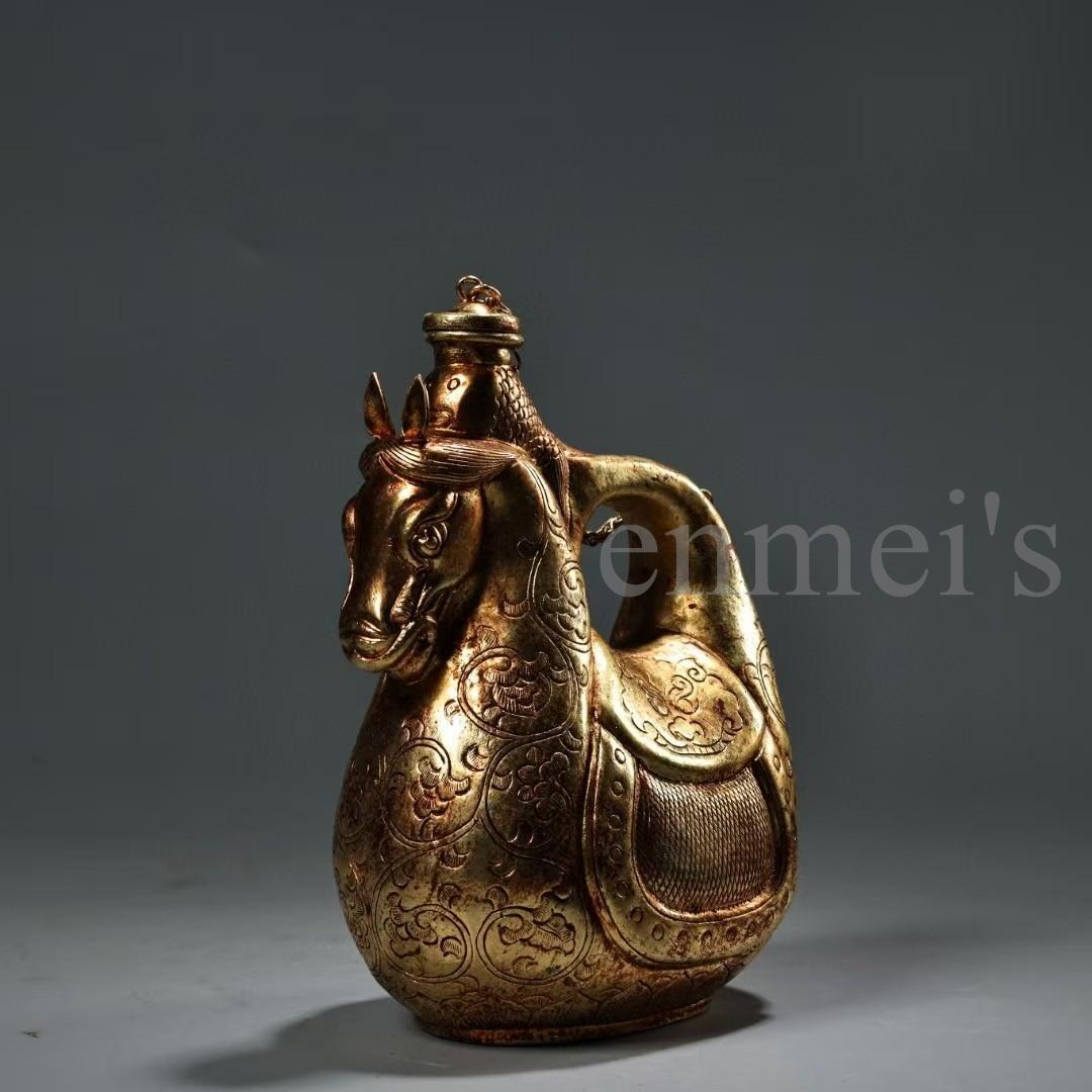 中国古美術・珍蔵純銅製・鎏金・酒器・馬壺／馬の頭型水差し・純手作り・茶道具・酒具