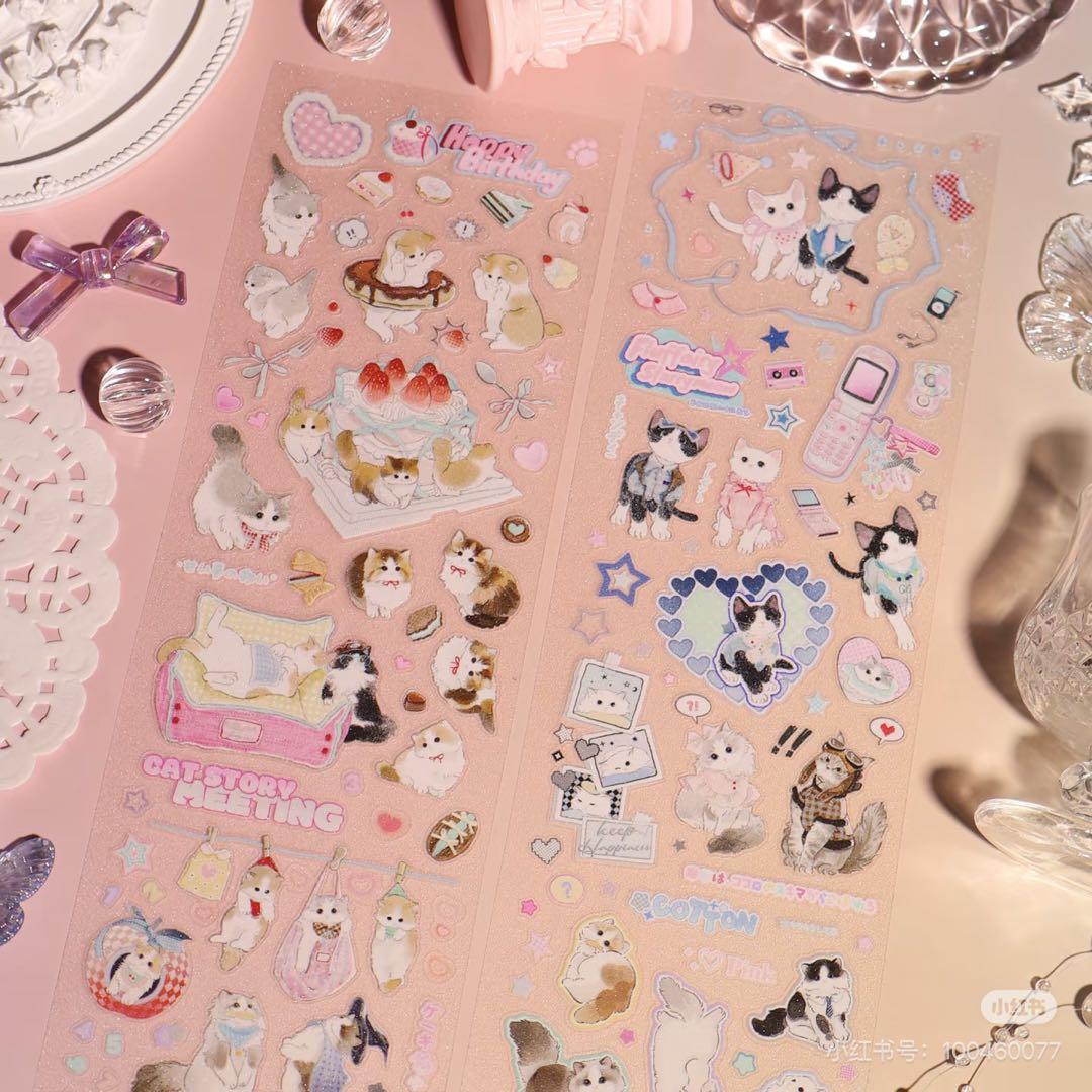 【9088】海外　マスキングテープ5m巻　ラメ加工カッティング猫　ケーキ　動物系