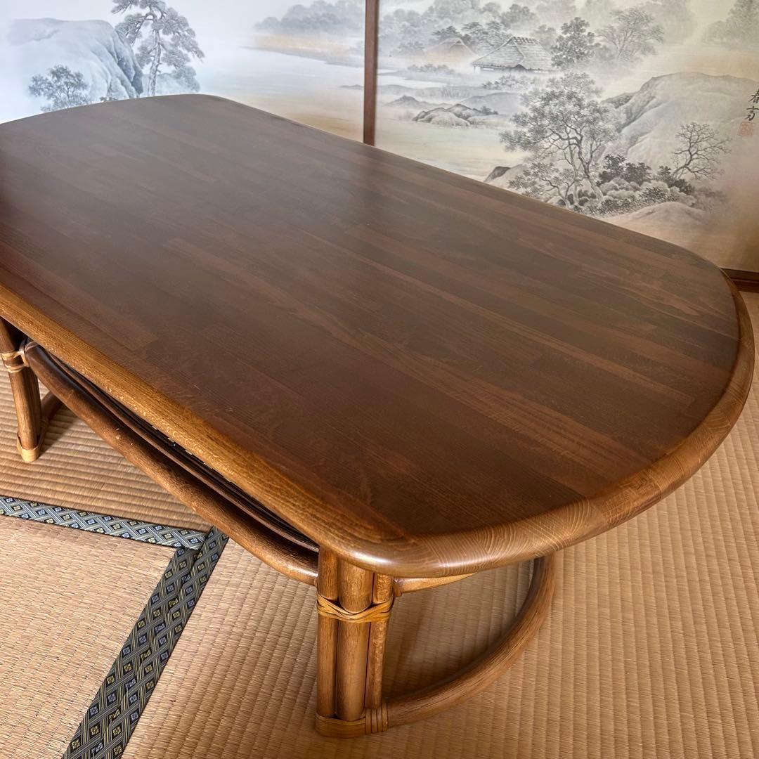 木製楕円形座卓 ラタン 籐 テーブル アンティーク家具