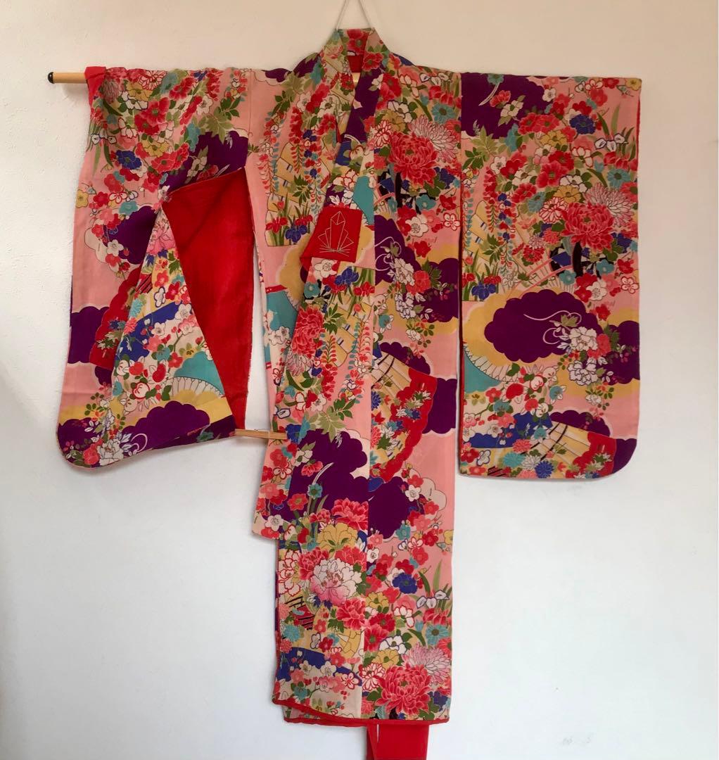 正絹 アンティーク着物 女の子 七五三 ◇花車 扇 雲取り 古典柄