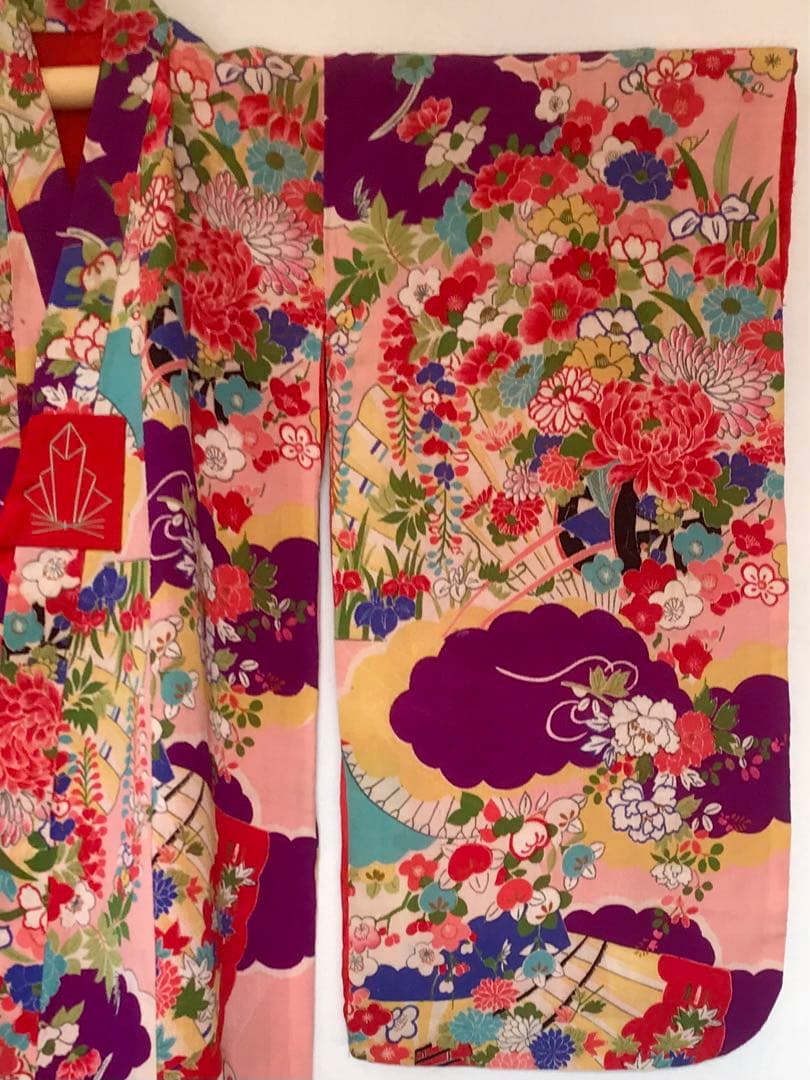 正絹 アンティーク着物 女の子 七五三 ◇花車 扇 雲取り 古典柄