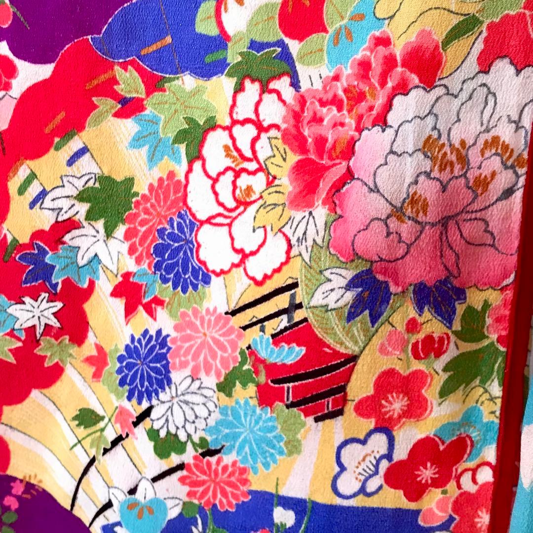 正絹 アンティーク着物 女の子 七五三 ◇花車 扇 雲取り 古典柄