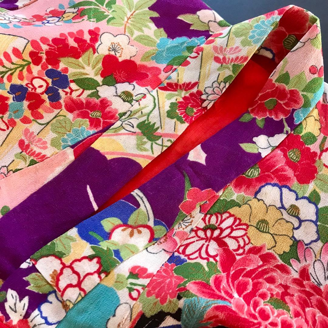 正絹 アンティーク着物 女の子 七五三 ◇花車 扇 雲取り 古典柄