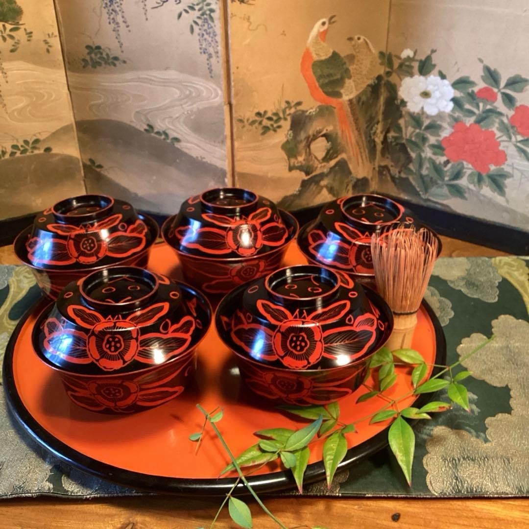 A1055 木製輪島塗　吉野椀　芙蓉紋様　吸い物椀　5客