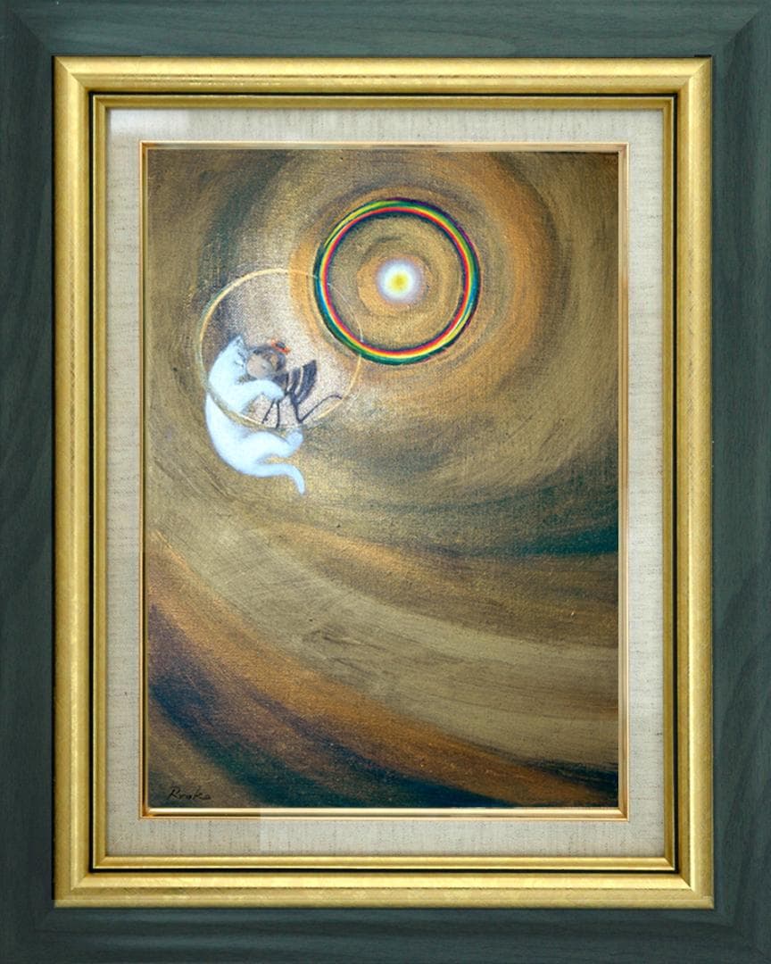 油絵 菅家令子絵 絵画インテリア額付(青緑＋金色の枠)F4-030119子猫犬子