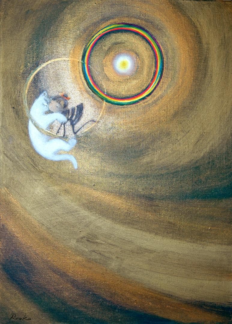 油絵 菅家令子絵 絵画インテリア額付(青緑＋金色の枠)F4-030119子猫犬子