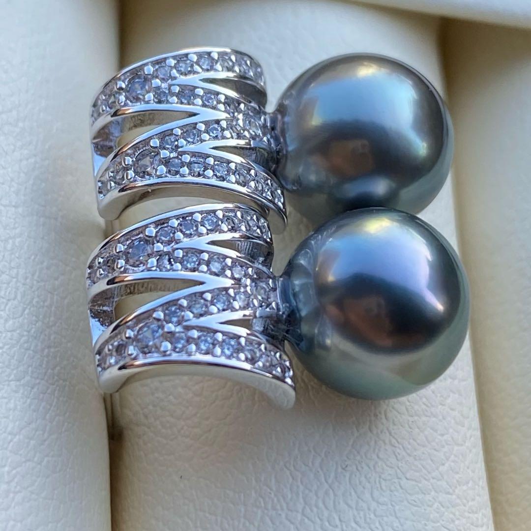 本真珠　南洋黒蝶真珠タヒチパールピアス　9.4mmグリーンP1188