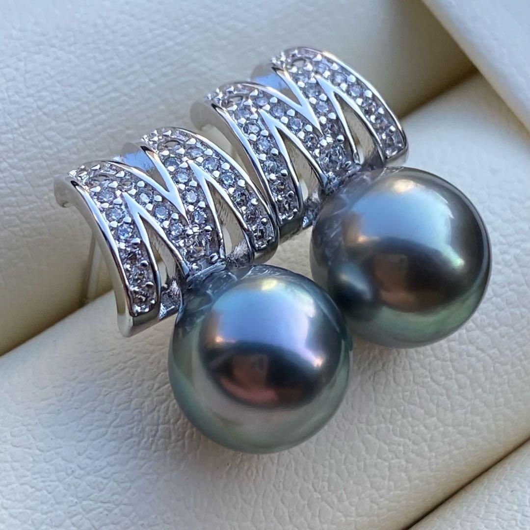 本真珠　南洋黒蝶真珠タヒチパールピアス　9.4mmグリーンP1188