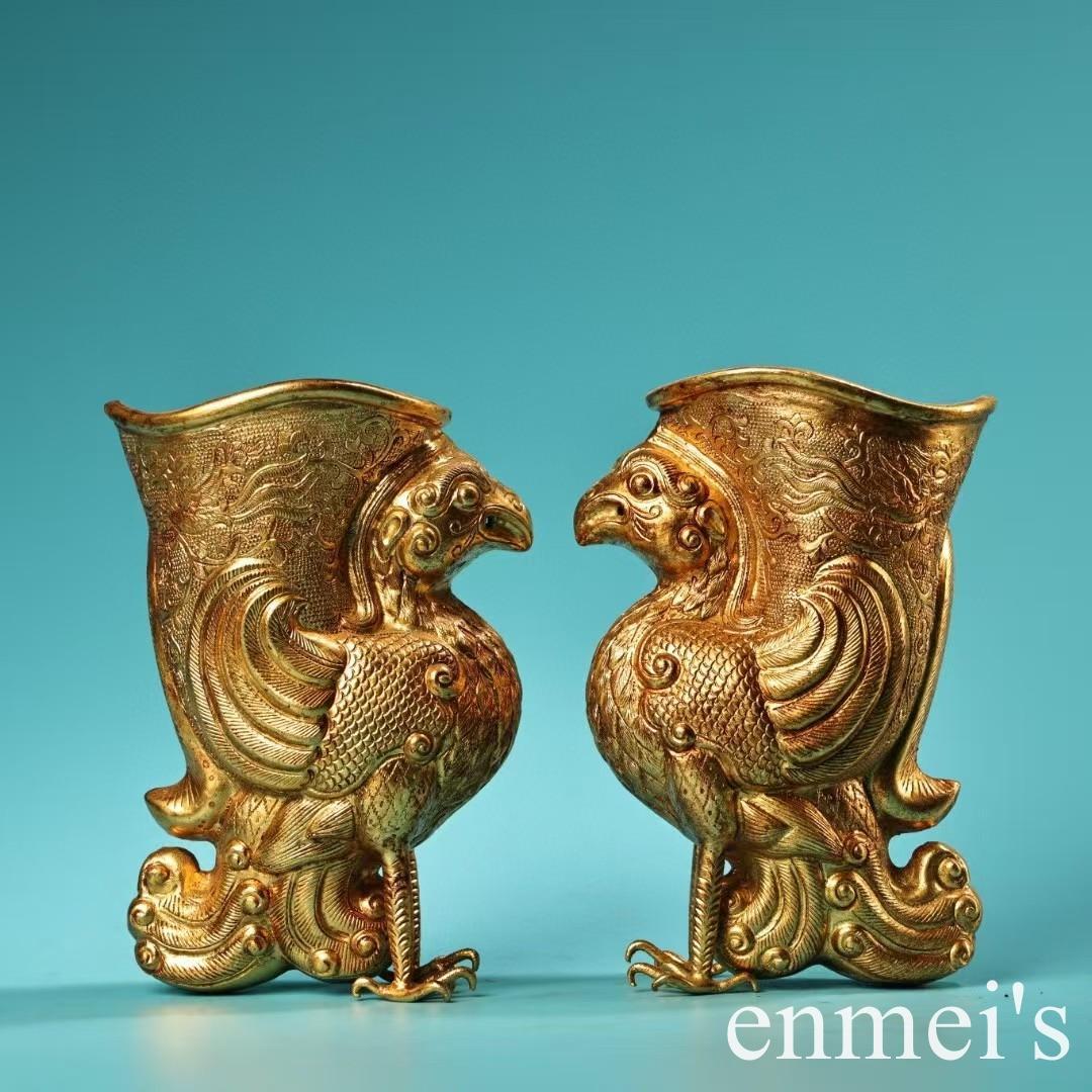 中国古美術・旧蔵高浮彫鏨刻鎏金の鳳凰酒杯セット・純銅制・手作り・酒具・風水開運