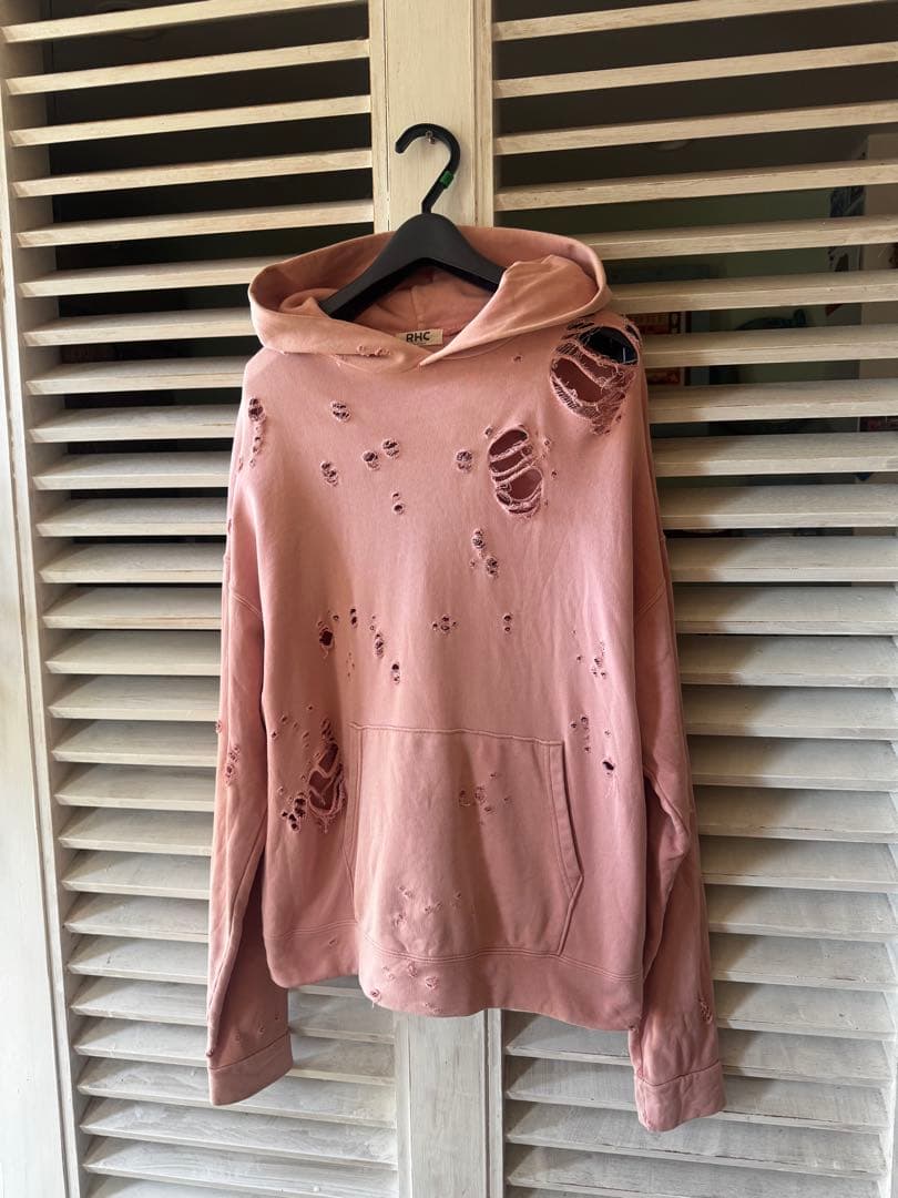 オーバーサイズRHC ダメージ加工 フード付きパーカー ピンク