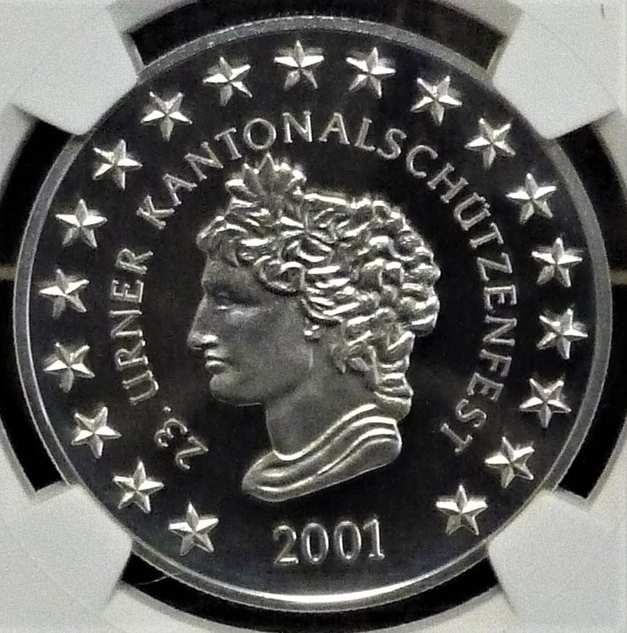 『スイス近代射撃祭ウーリ50フラン銀貨：2001年』【世界二位】PF69