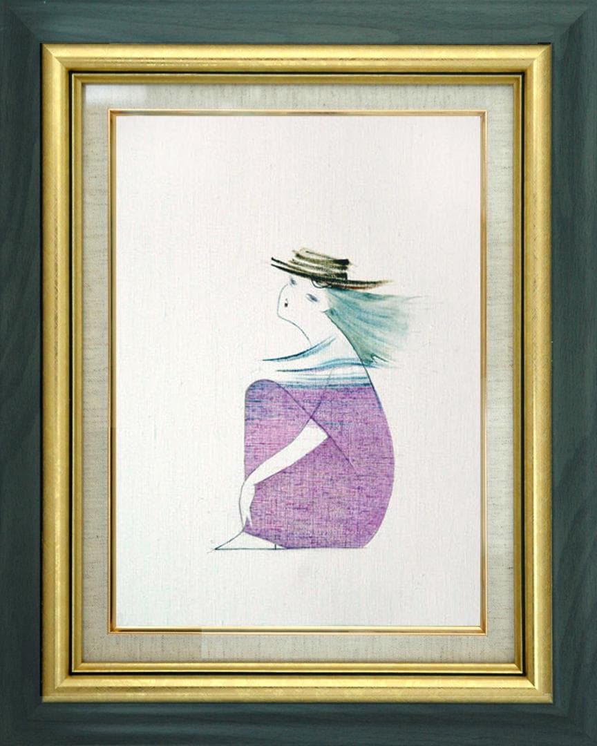 油絵 菅家令子 絵 絵画インテリア額付(青緑＋金色の枠) F4-080414女性