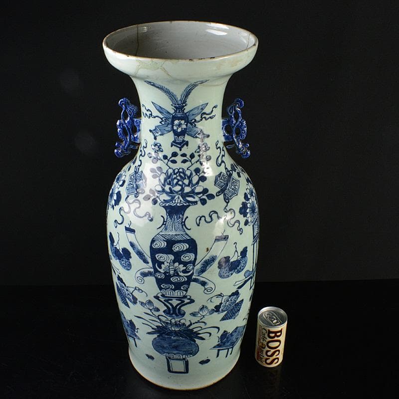 中国　青花　花瓶文　双耳盤口瓶　高さ約58.5cm　M　R6129F