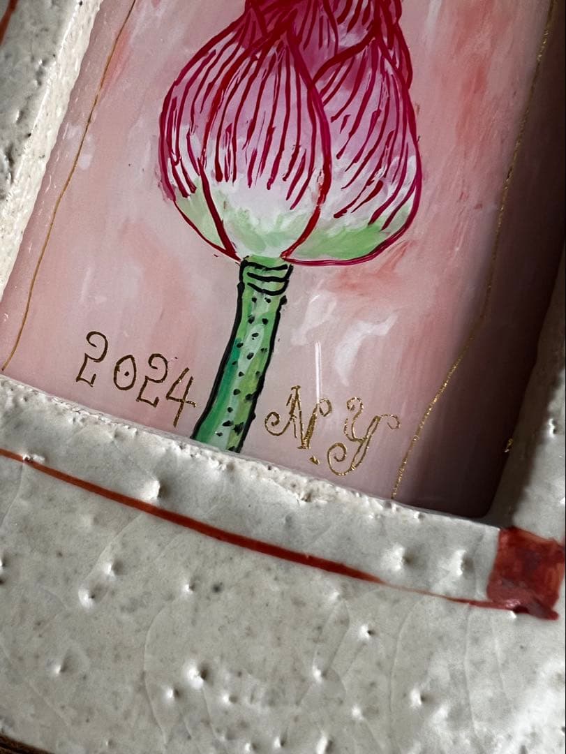 貴重・岩井窯　山本教行さんの陶器・ガラス絵　蓮子花