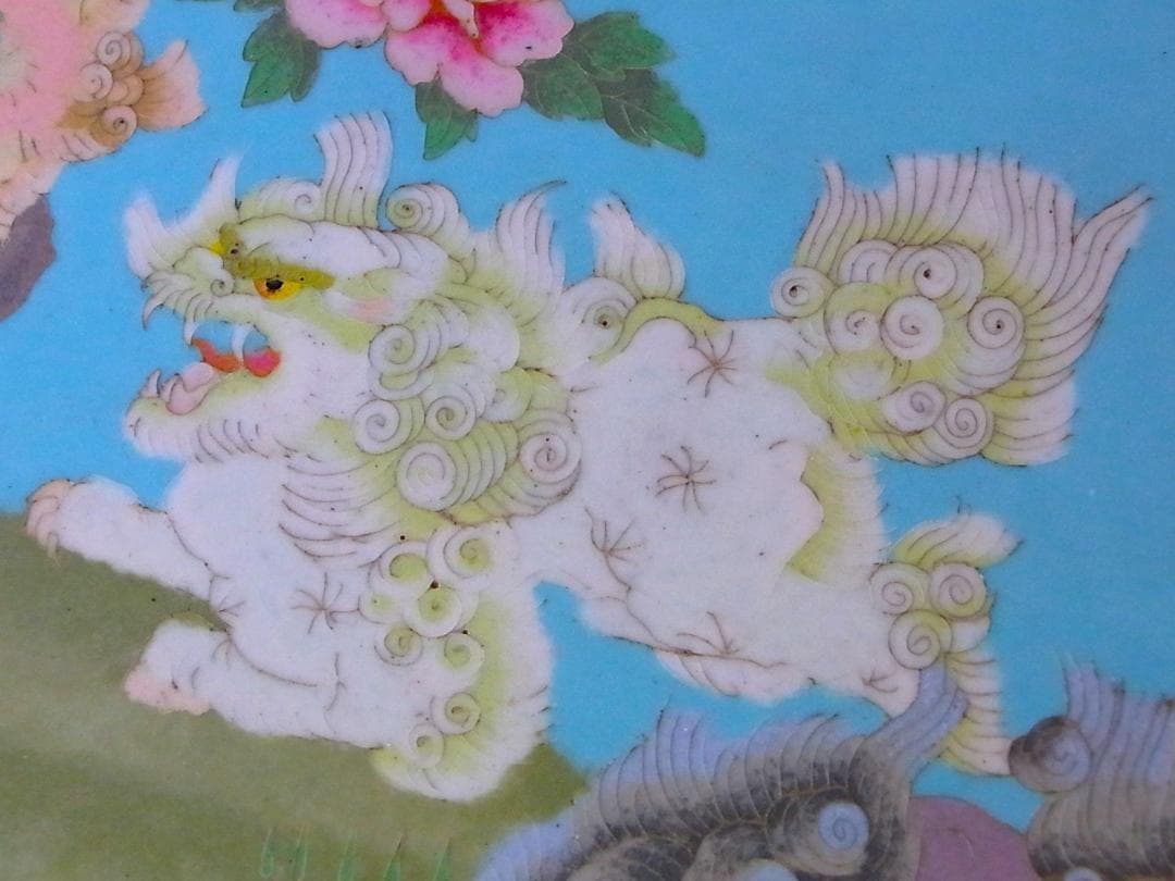 【 E801 】 超名品　明治期尾張七宝上手作品　銀線七宝獅子鳳凰文トレイ