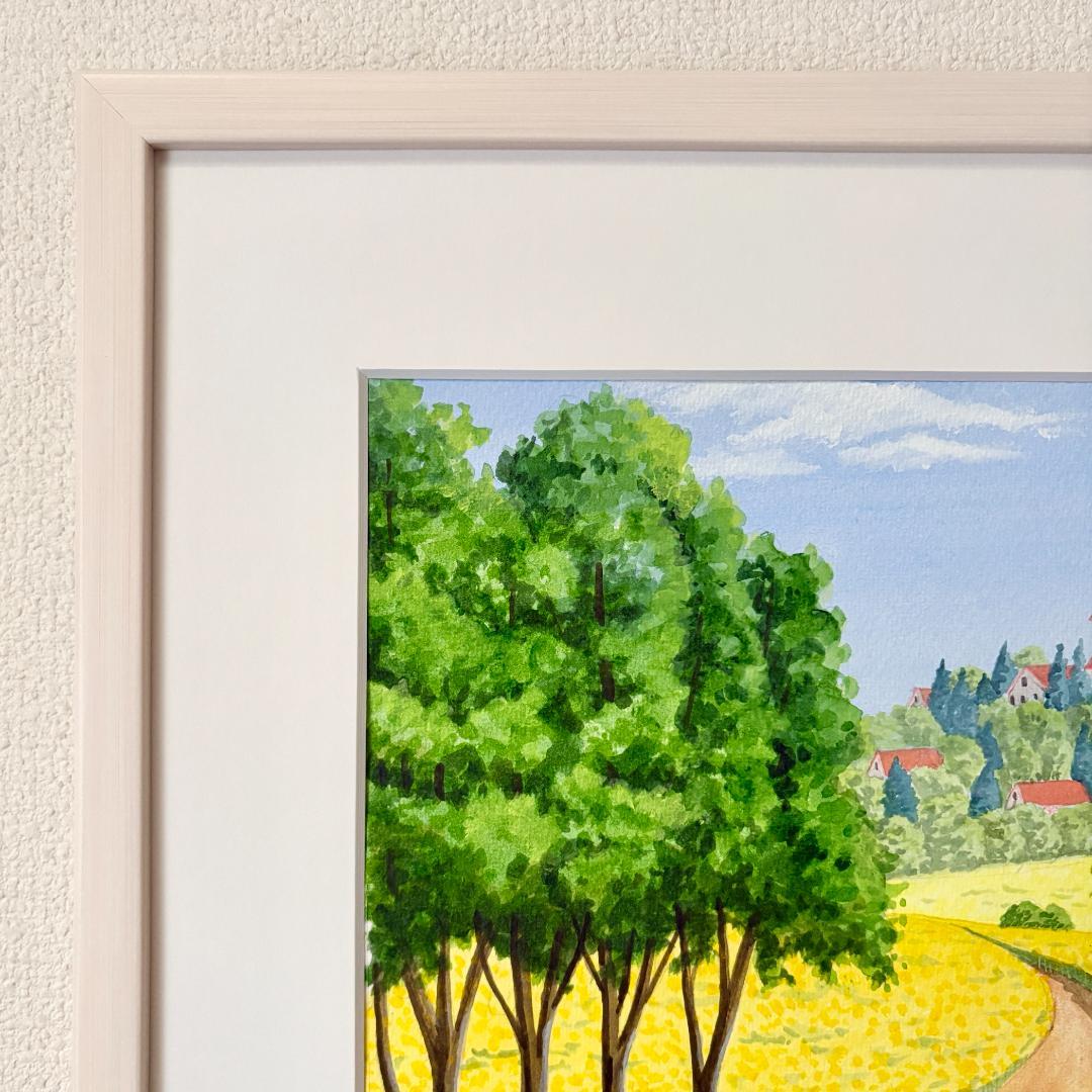 アクリル画　原画　「ひまわりの丘11」額縁付　F4サイズ　風景画