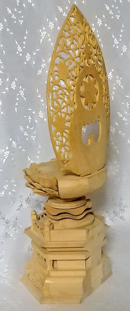 台座+光背 坐像用#545 背切 六角 宝相華唐草 透し彫 木彫 仏像付属品