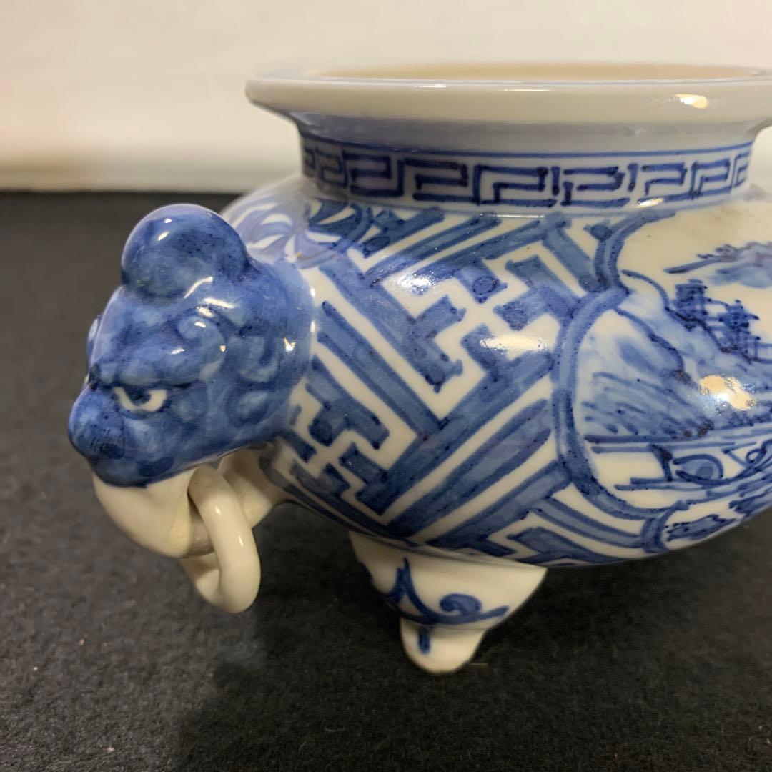 九谷　陶華作　香炉　染付　遊環手　三つ足　九谷焼