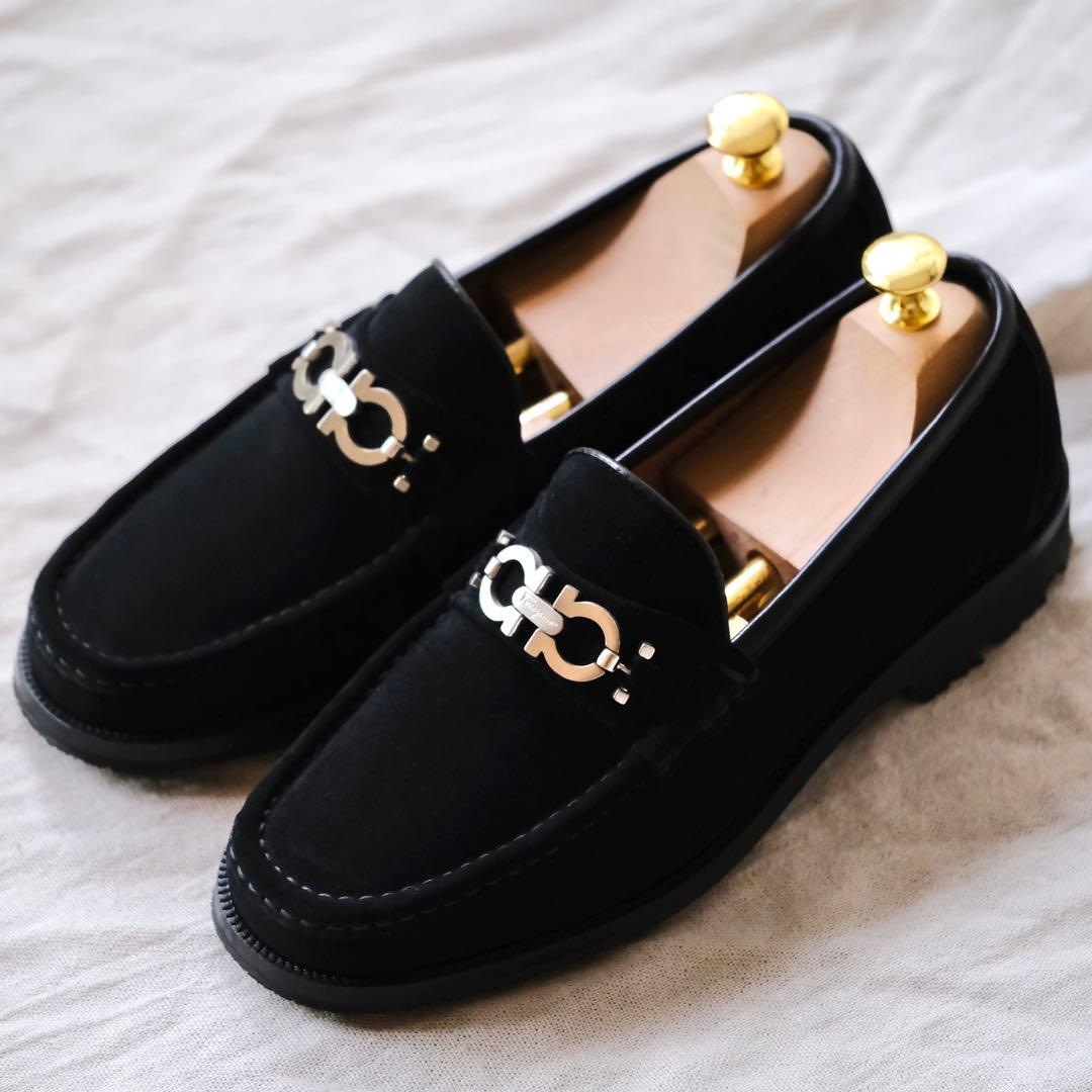 美品Ferragamo Salvatoreスエードガンチーニローファー黒6EE