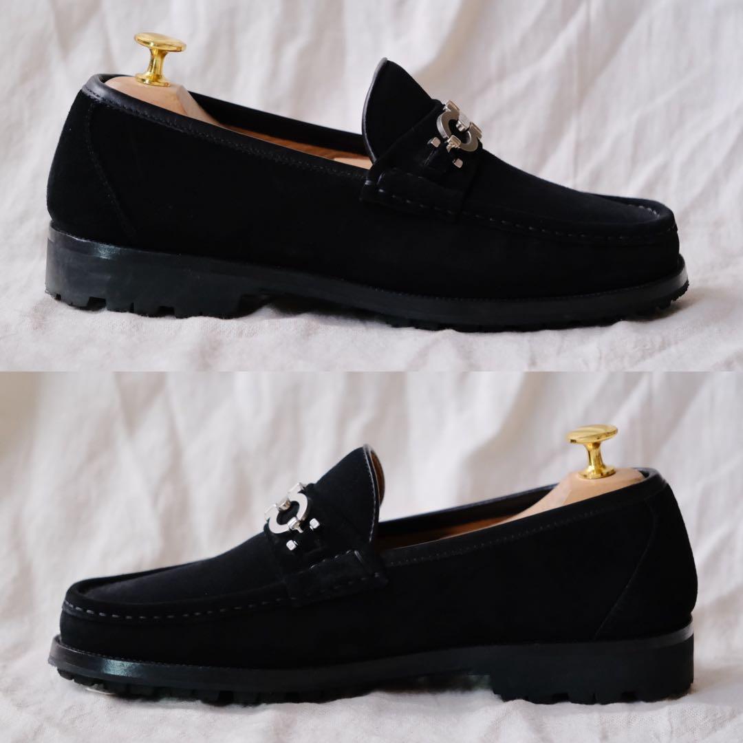 美品Ferragamo Salvatoreスエードガンチーニローファー黒6EE