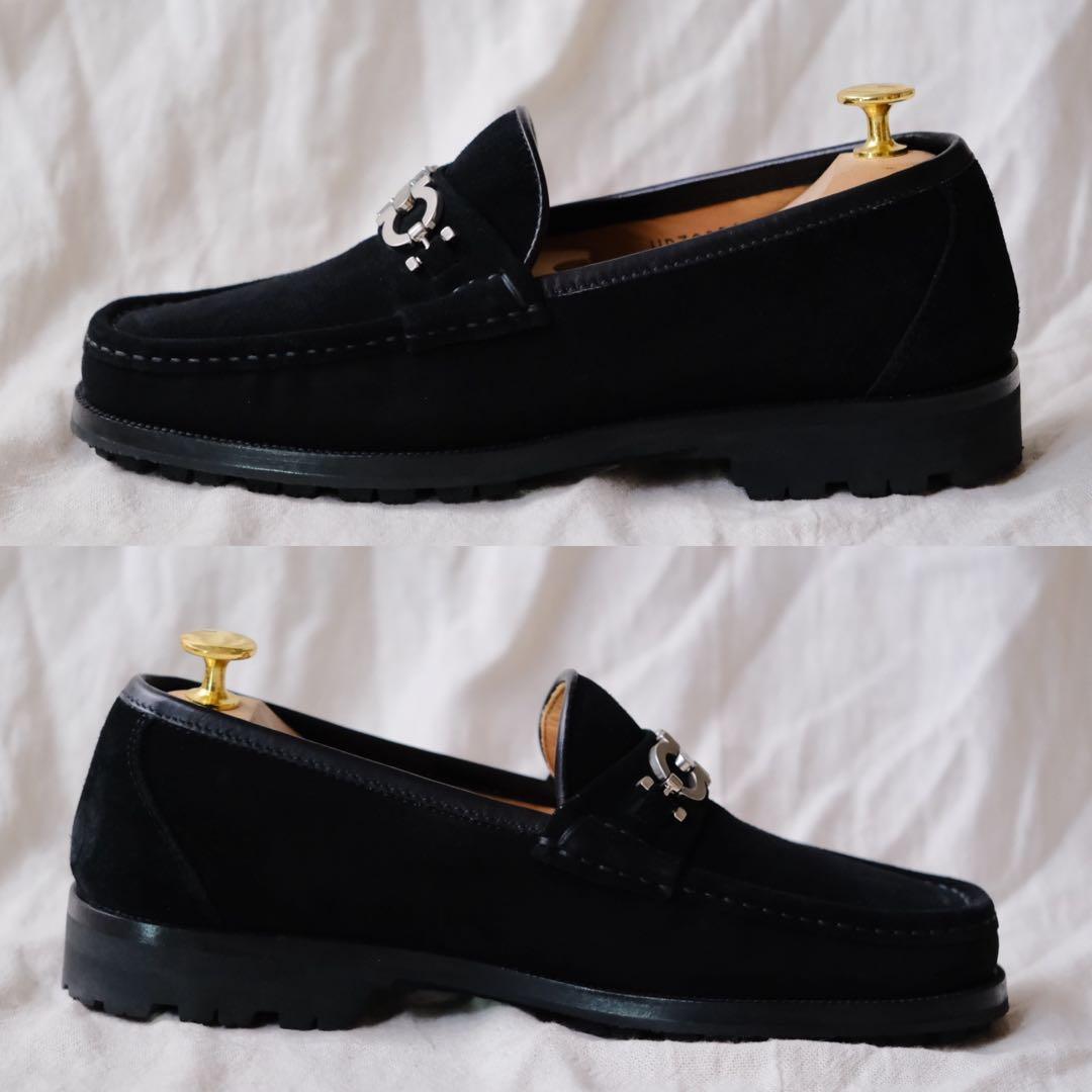 美品Ferragamo Salvatoreスエードガンチーニローファー黒6EE