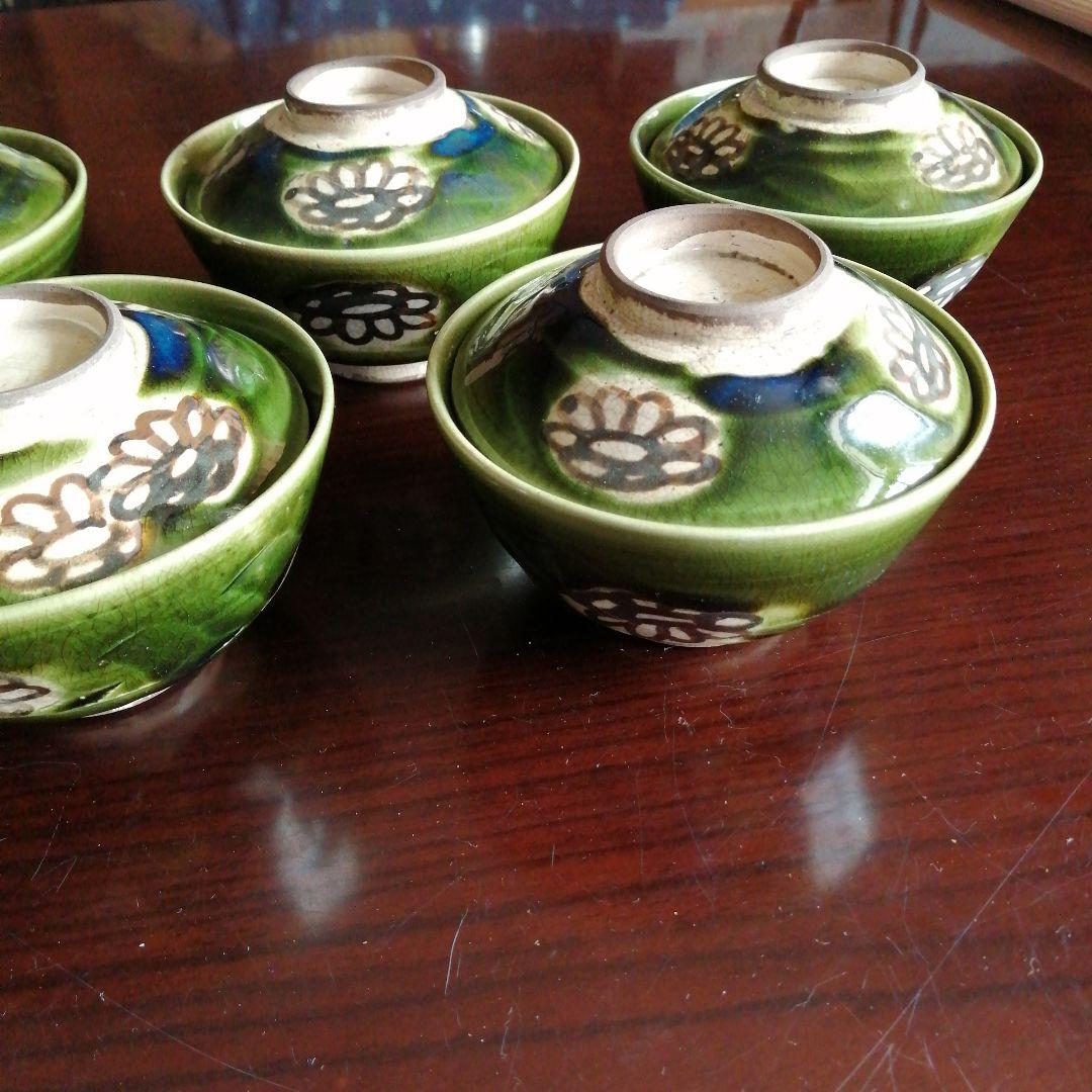 瀬戸焼　加藤丈助　織部蓋付茶碗　5客　12cm　大正〜昭和初期