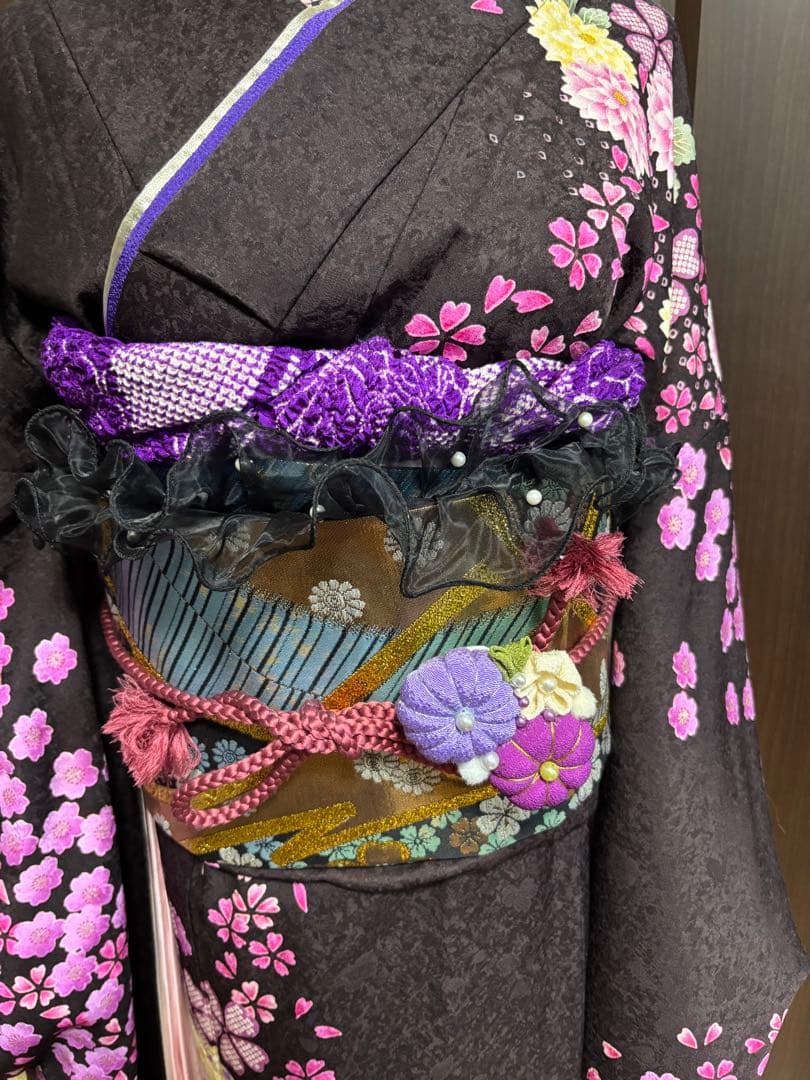 成人式振袖身丈160.5cm裄丈67cm雪輪 草花金糸金彩茶紫正絹美品セット中古