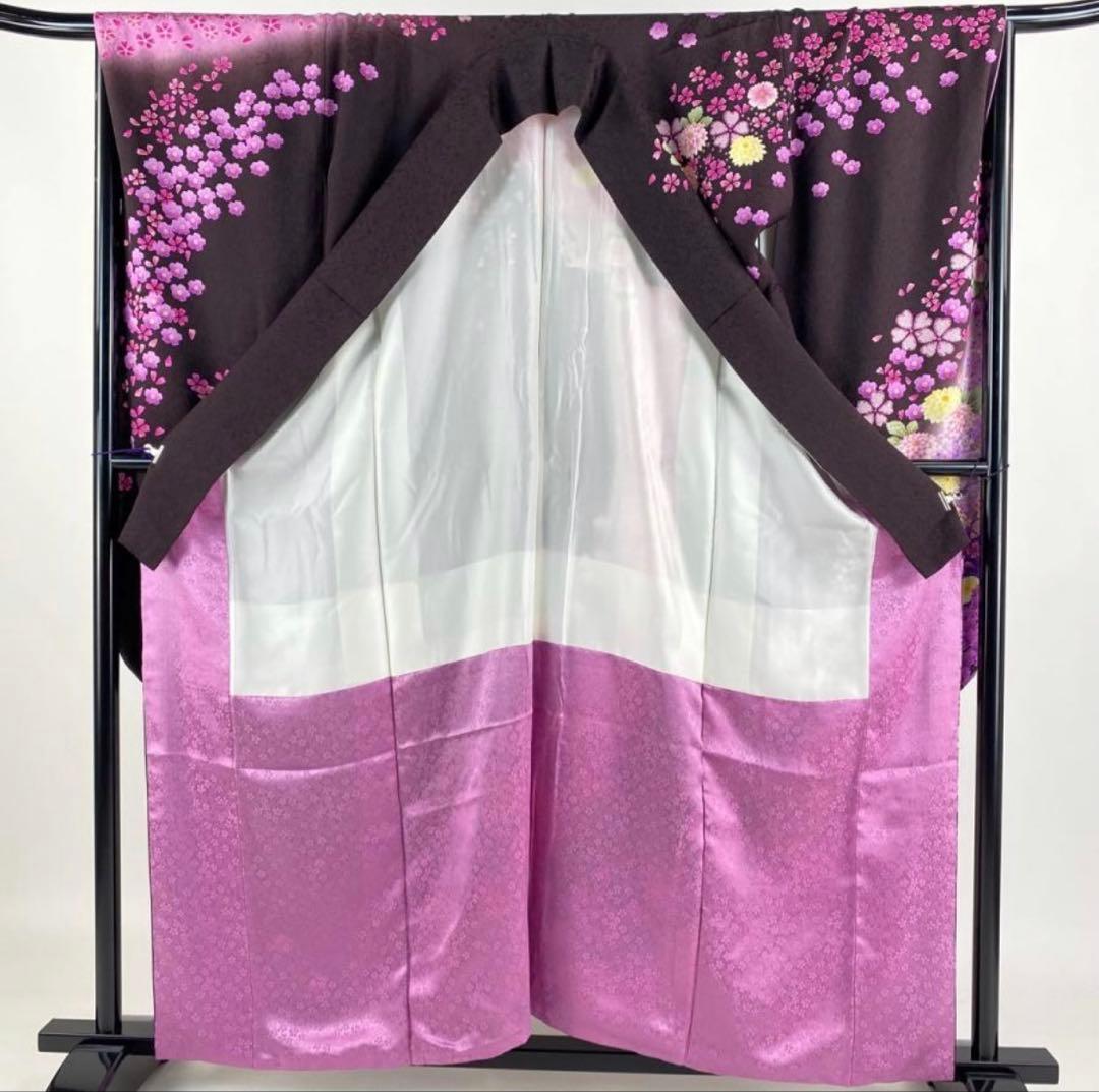 成人式振袖身丈160.5cm裄丈67cm雪輪 草花金糸金彩茶紫正絹美品セット中古