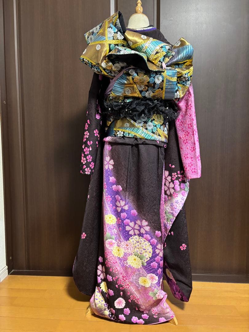 成人式振袖身丈160.5cm裄丈67cm雪輪 草花金糸金彩茶紫正絹美品セット中古