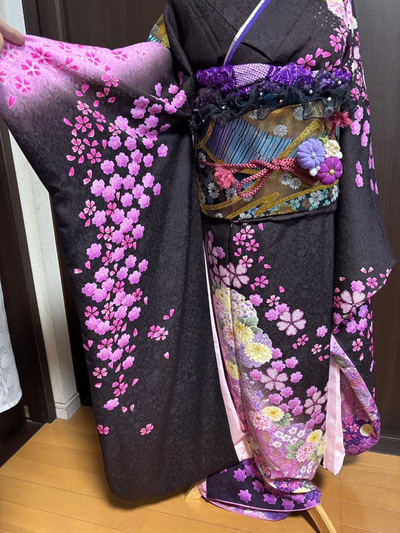 成人式振袖身丈160.5cm裄丈67cm雪輪 草花金糸金彩茶紫正絹美品セット中古