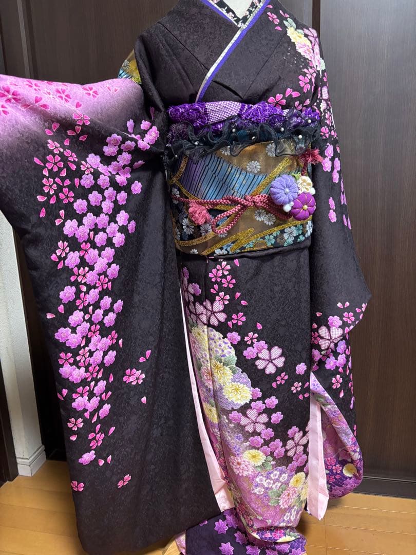 成人式振袖身丈160.5cm裄丈67cm雪輪 草花金糸金彩茶紫正絹美品セット中古