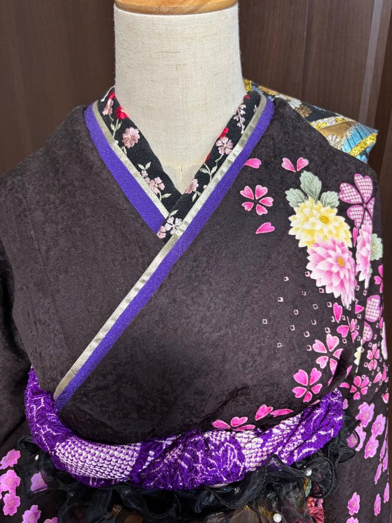 成人式振袖身丈160.5cm裄丈67cm雪輪 草花金糸金彩茶紫正絹美品セット中古